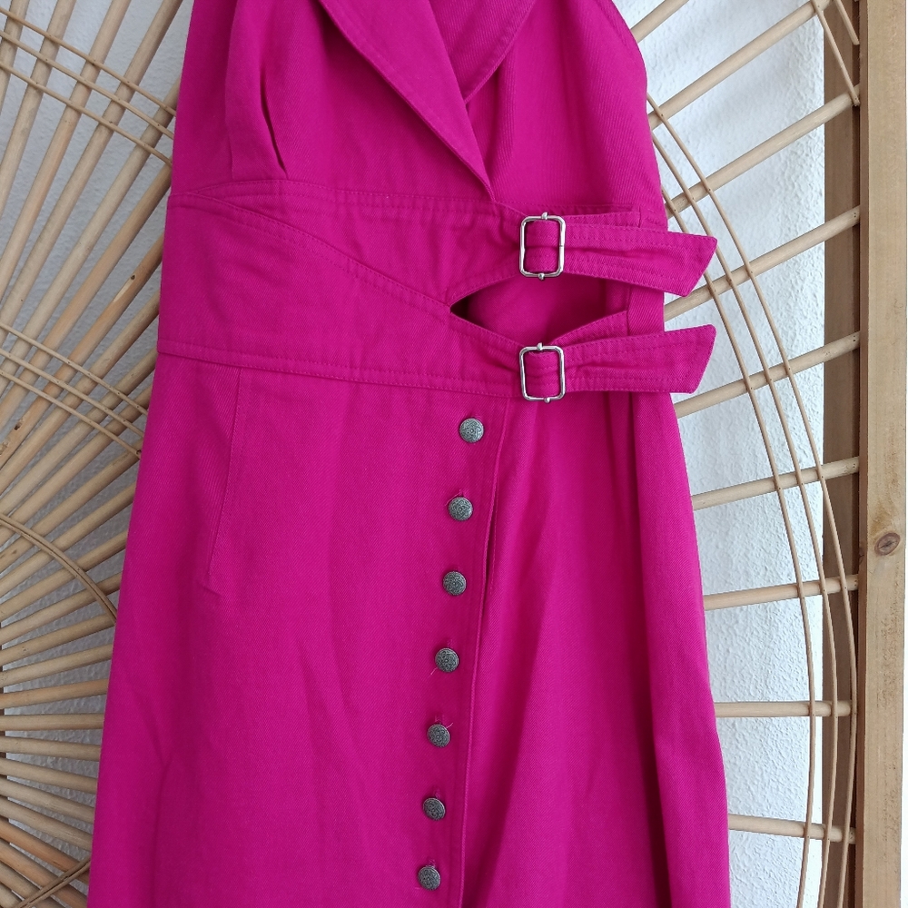 Vintage Backless Halter Button Front Fuchsia Pink… - image 5